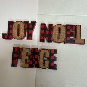Christmas Farmhouse JOY NOEL PEACE Burlap Wood Block Buffalo Plaid Red Black
